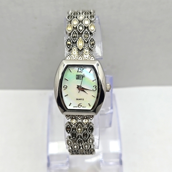 Womens Gruen Marcasite Silver Tone Crystals Mother of Pearl Watch New Battery - Picture 1 of 9